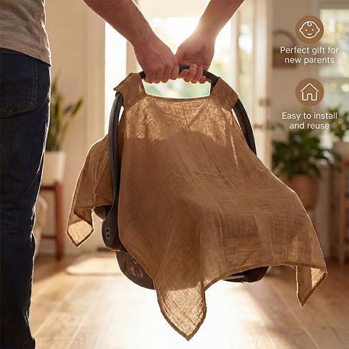MOZAH 100% Baby Car Seat Cover - Caramel Toffee - Organic Muslin - Soft, Breathable and Lightweight, Baby Infant Car