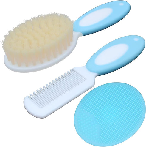 Baby Hair Brush & Silicone Cradle Cap Brush Set, for Newborns & Toddlers, Natural Soft Goat Bristles (Blue)