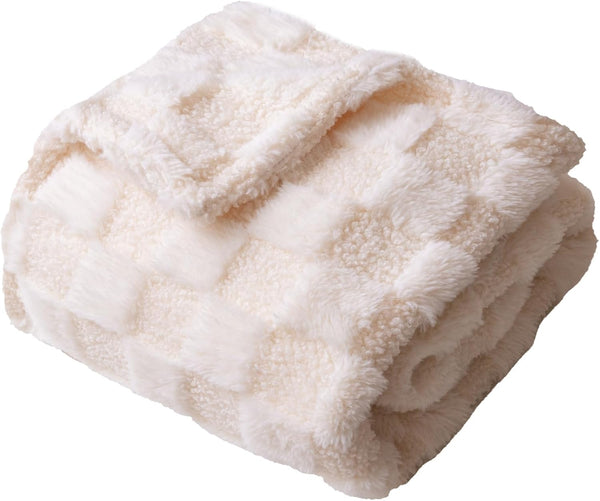 Checkered Baby Blanket Neutral, Ultra Soft Fuzzy 30 x 40 Inches Cozy Reversible Bed Blanket for Toddlers Infant