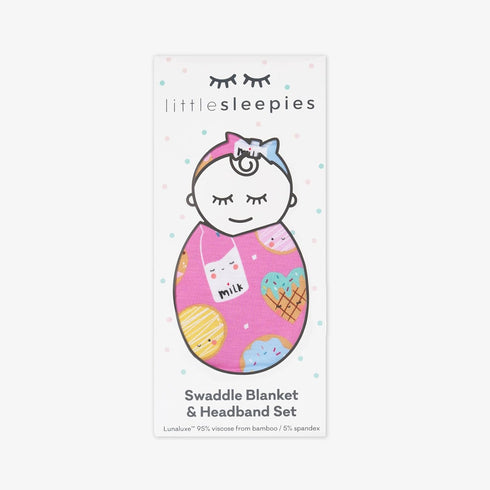 Set, Little Sleepies Swaddle & Headband Bow Viscose from Bamboo Baby Swaddles, Newborn Baby Girl Clothes (Luxe Pink