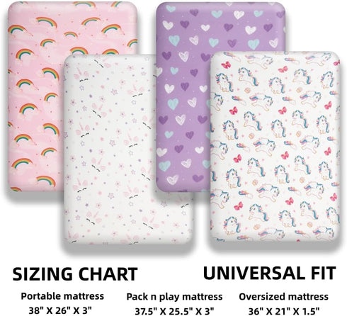 Jola's House 4 Pack Set Soft Baby Girl N Play Sheets for Mini Crib Mattress Unicron Rainbow Heart Cute Neutral