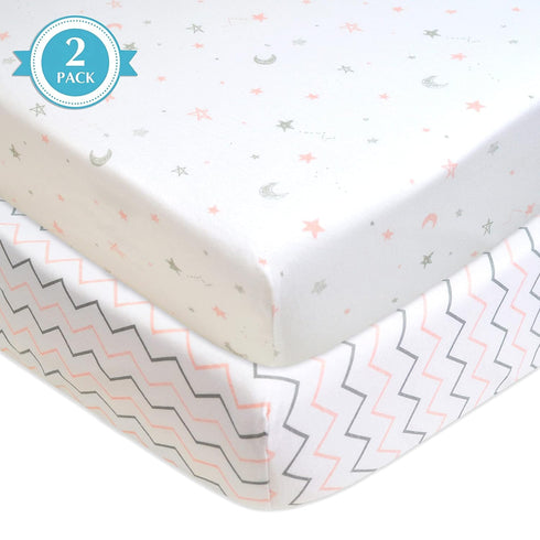 American Baby Company 2 Pack 100% Natural Cotton Fitted Mini Crib Sheets, 38" x 24", Pink Stars/Zigzag
