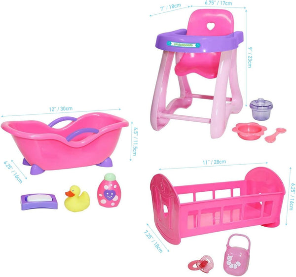 JC Toys Deluxe Doll Accessory Bundle | High Chair, Crib, Bath and