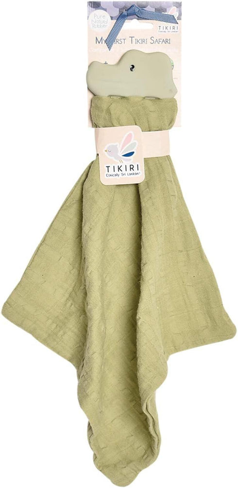Tikiri (0+ Safari Animal Collection Crocodile Baby Comforter Olive Green Muslin with Natural Rubber Teether | Organic