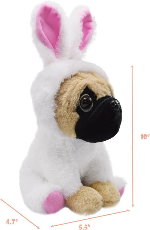 BABOLI 10 Inches Cuddly Little Pug Stuffed Animals Soft Toys with Adorable Bunny-Style Costumes Super Cute Puppy Dog