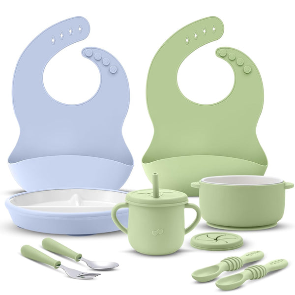 Teenyyou 9 Pcs Porcelain Kids Plates and Bowls Feeding Set with Suction,