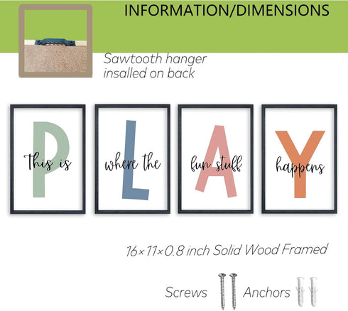 TQianJiang 4 11"16" Playroom Wall Art for Kids Piece PLAY Letter Prints with This is Where the Fun Stuff Happens Quote