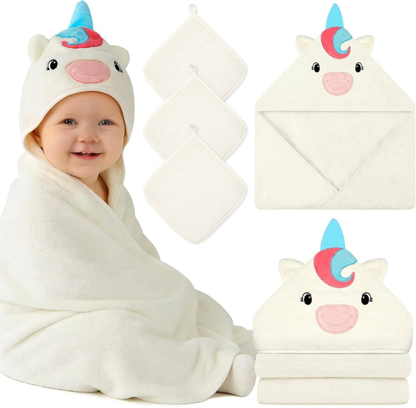 Flasoo 4 PCS Baby Towels Set, Soft Absorbent Baby Hooded Bath Towel,