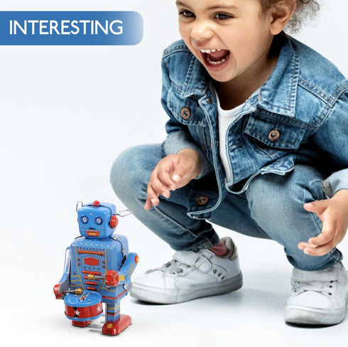 Drumming 3.74 Inches, SAFIGLE Wind up Vintage RobotClockwork Robot Tinplate Toy - Retro Wind-up Collectible for Home