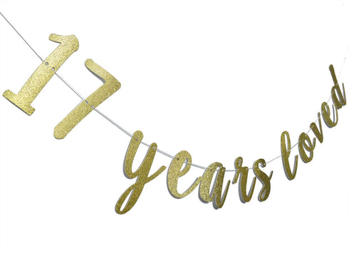 17 Years Loved Banner Sign Gold Glitter for 17th Birthday Party Decorations, Pre-assembled Bunting Photo Booth Props