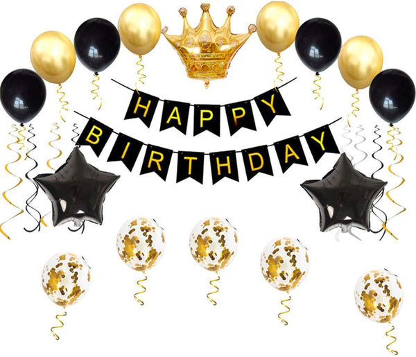 Birthday Party Decorations KIT - Happy Birthday Banner, Gold Crown Balloon, Gold and Black Latex Balloons