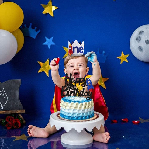 3 2 1 Boy Rocket's Cosmic Birthday Crown - Space Theme High Chair Banner, Lift-Off, Circle The Sun, Rocket Ship Style