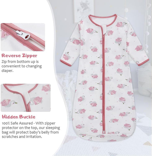 Long Sleeve Sleep Sack, 100% Cotton Baby Sleeping Bag, 0-18 Months, Pink Swan
