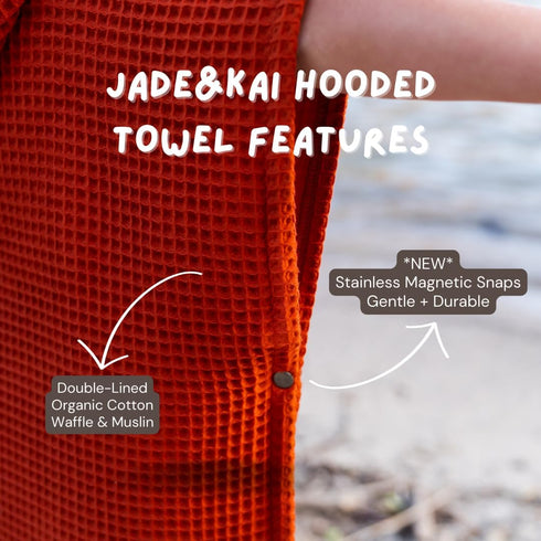 (6-10 Jade&Kai Hooded Towel for Kids | Snaps into a Poncho | Organic Cotton Waffle | Lightweight and Absorbent | Bath