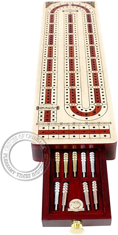 Continuous Cribbage Board with Alphabet e Shape Inlaid in Maple and Bloodwood, 12.4" - 3 Tracks, Storage Drawer for