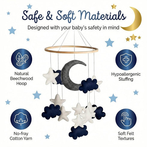 Handmade Crib Mobile - Blue Moon, Stars & White Clouds for Boys