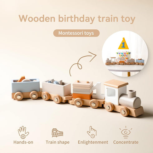 ibwaae Wooden Train Set for Baby Toys, 12 PCS with Numbers and Blocks for Toddler Boys and Girls Birthday Gifts