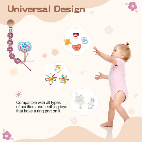 Pacifier Clip for Boys Girls Floral Daisy Macrame Paci Clip Pacifier Holder Leash Boho Wooden Clips Handmade Braided