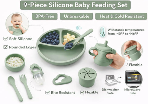 Generic 9-Piece Set Silicone Baby Feeding Divided Plate, Bib, Sippy Cup, Snack Cup, Bowl, Spoon & Fork BPA-Free