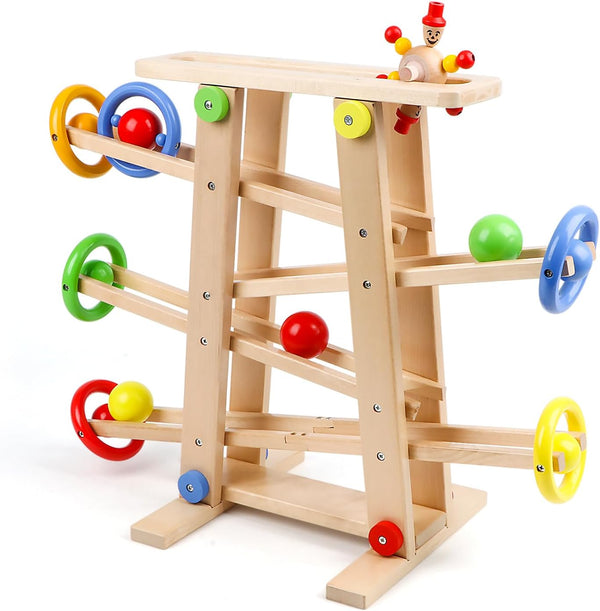 Qilay Wooden Race Track Toddler Toys - Wooden Car Ramp Racer Set with 4 Balls & 5 Race Tracks for Kids