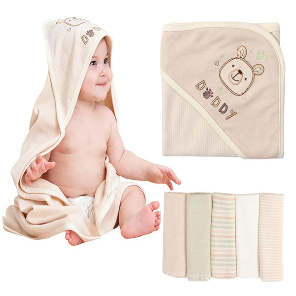 6-Pack Organic Cotton Baby Bath Set - Embroidered Hooded Towel & 5