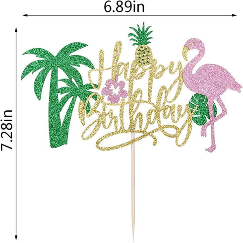 PALASASA Glitter Flamingo Happy Birthday Cake Topper - Hawaiian Luau Tropical Pineapple Theme Kids Party Decoration