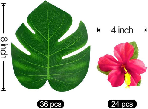 60Pcs Tropical Party Decorations, Artificial Palm Leaves & Hibiscus Flowers for Hawaiian Luau, Jungle Beach Theme