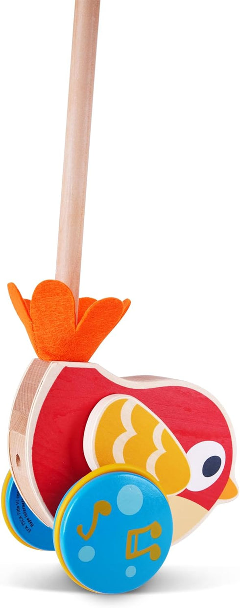 22.05 Inch Hape Lilly Musical Push Along | Wooden Push Along Baby Walking Bird, Playful Kids Toy with Detachable Stick