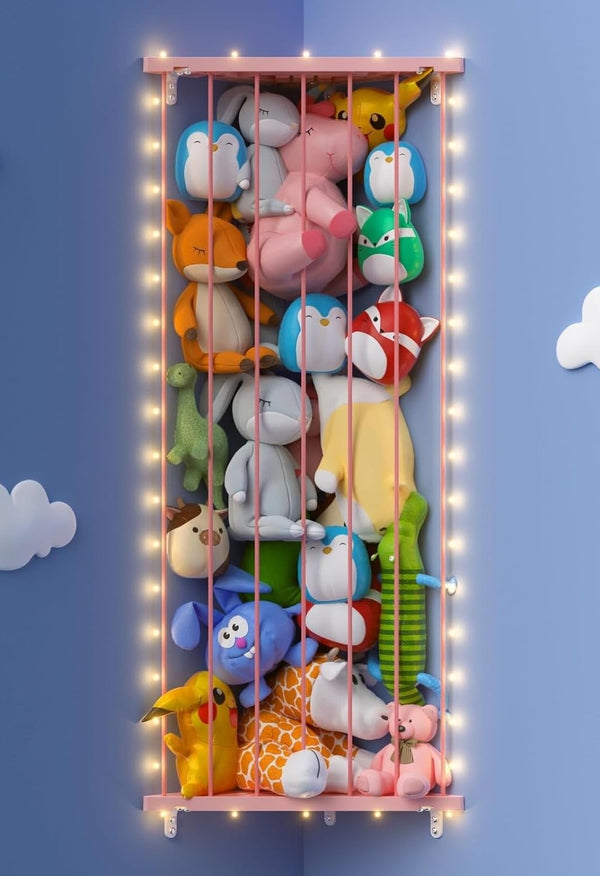GGUO Corner Stuffed Animal Storage Net - Stuffed Animals Holder with Lights -
