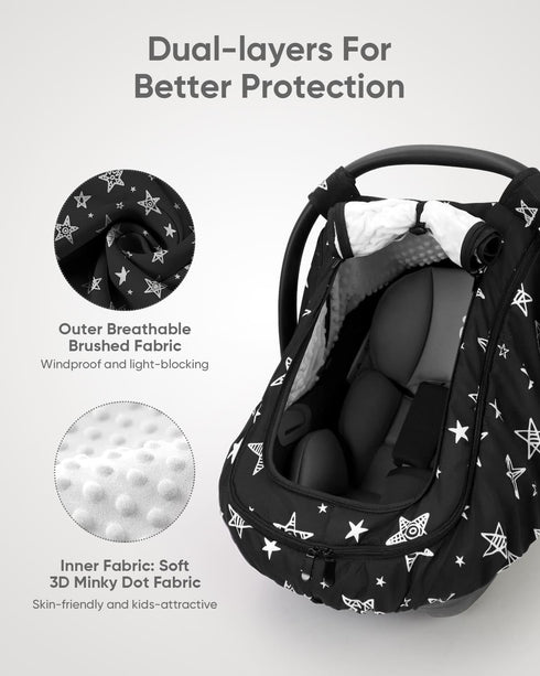 2 Summer Car Seat Cover Baby Boy, Infant Car Seat Canopy Outdoor, Layers with Mesh and Sun Shade Window for Winter
