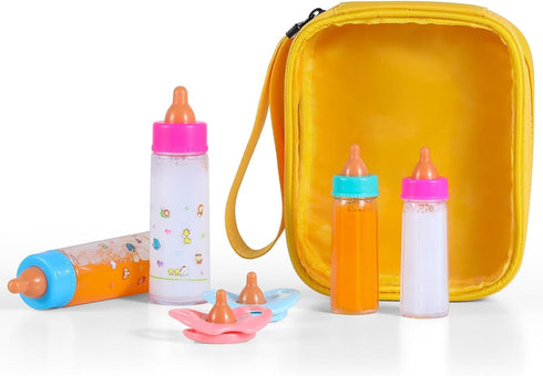 Magic Disappearing Milk and Juice Bottles with Pacifiers for Baby Doll Accessories,6 Pieces Pretend Play Feeding Toy Set, 4 Bottles and 2 Pacifiers