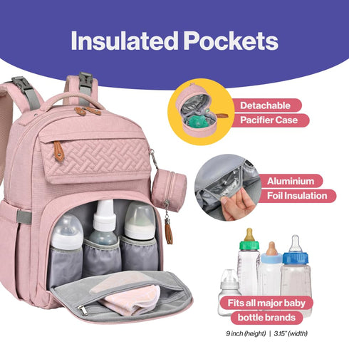 BabbleRoo Pink Diaper Bag Backpack, Travel Backpack with Changing Pad, Pacifier Case & Stroller Straps, Multifunction,
