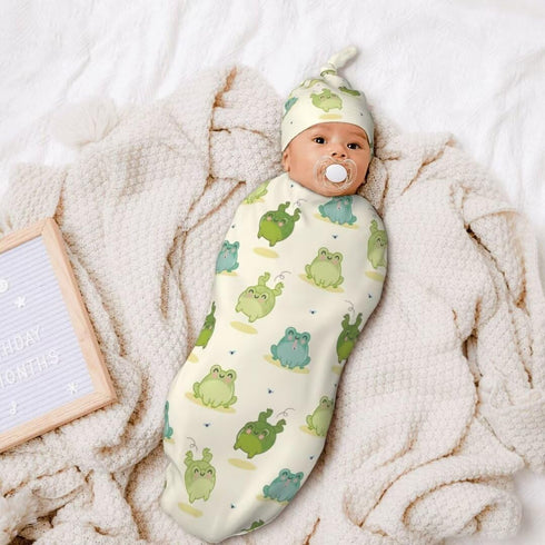Cartoon Frog Newborn Swaddling Blanket and Beanie Hat Set, Soft Baby Receiving Blanket, Funny Animal Sleeping Bag