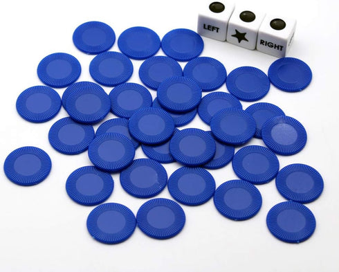 Left Right Center Dice Game Set, 3 Dices + 36 Blue Chips (Blue)