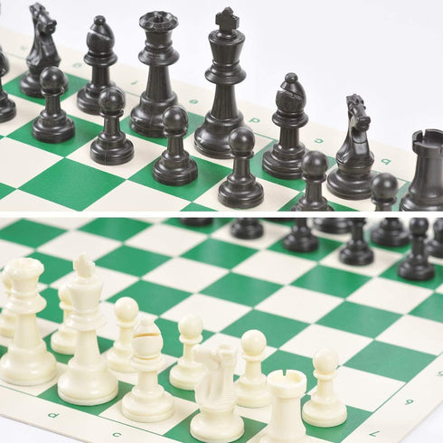 Plastic Chess Set with Green Roll-Up Vinyl Chess Board - Foldable Game with Extra Queen