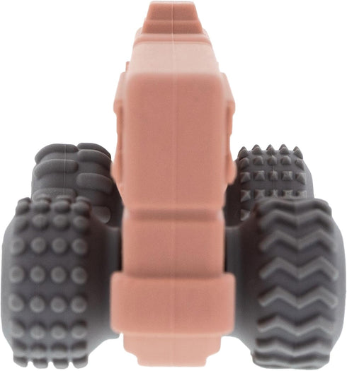 Nuby 6+ Silicone Teether Toy for Babies - Textured Teething Red Firetruck with Moving Wheels - Soothes Sore Gums