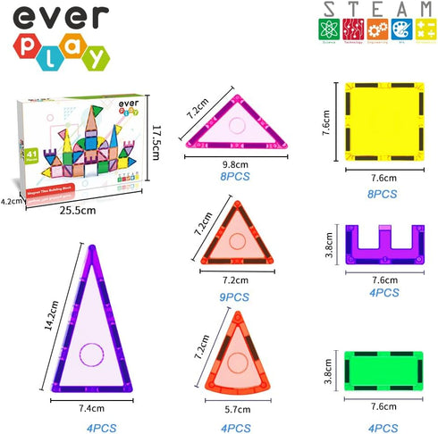 Everplay 41 pc Magnetic Tiles Starter Set - STEM Educational Learning Magnet Toy for Kids Age 3+ - Creative Kit