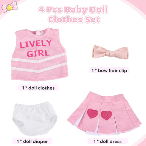 BABESIDE 4 Pcs Reborn Baby Doll Clothes Set for 17-22 Inch Dolls, Baby Doll Skirt with Heart Pattern and Baby Doll Accessories fit Realistic Baby Doll Girl, Pink
