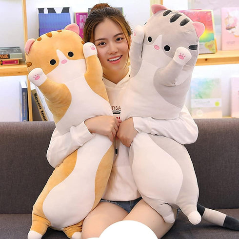 Cute Cat Plush Long Body Pillow, Cartoon Stuffed Animals Cat Plushie Soft Doll Pillows for Kids Girls (Gray, 43")