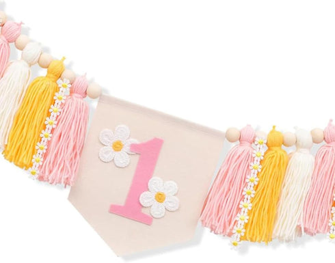 1st First Birthday High Chair Banner Decorations for Girl,Daisy First Crown Hat,Baby Girl Birthday Decorations Tassel