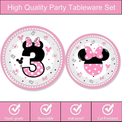 80 Pcs Pink Minnie 3rd Birthday Party Tableware - Wild Three Paper Plates, Napkins, Forks for Girls' Birthday