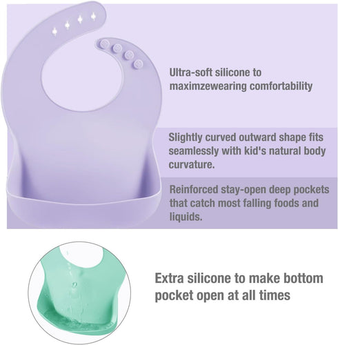 3 Pack PandaEar Silicone Bibs for Boys Girls for Babies & Toddlers, Waterproof Feeding Bib with Large Food Catcher, BPA