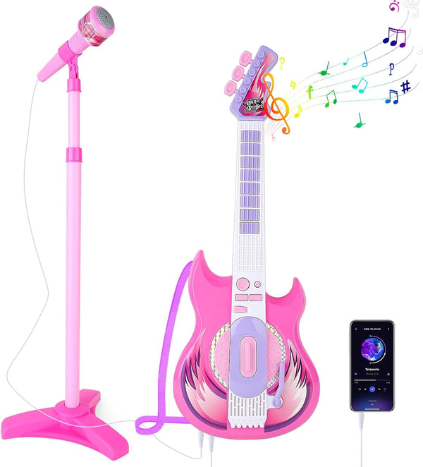 deAO Kids Guitar and Microphone Play Set with Stand for Girls, Musical