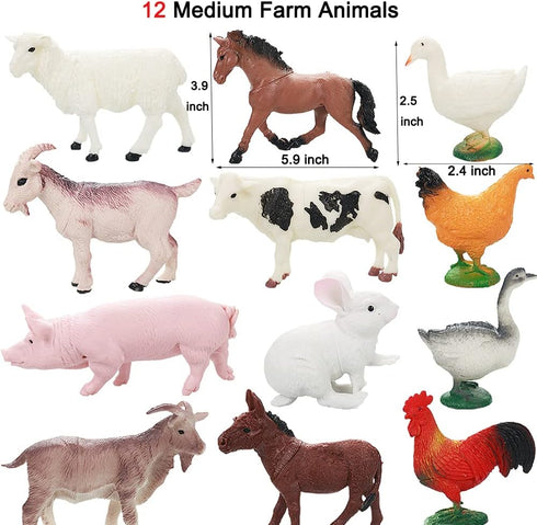 Realistic Farm Animal Figures Toys, 44 Pcs Plastic Farm Figurines Playset Includes Fences Mini Farm Animal Cake Topper Learning Toy Set for Kids & Toddlers
