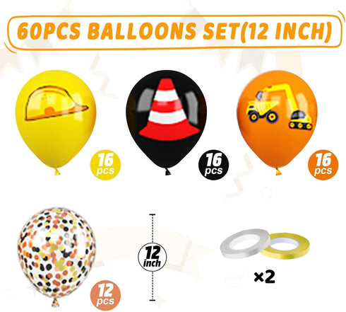 60Pcs 12 Inch Construction Balloons, Orange Black Yellow Truck Construction Party Latex Balloons for Kids Boy Girl