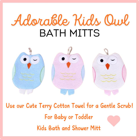 Olivia The Owl Washcloth - Animal Shape Cotton Mitt - Bath Glove for Kids - Cute Puppet Bath Glove (Pink, Blue)