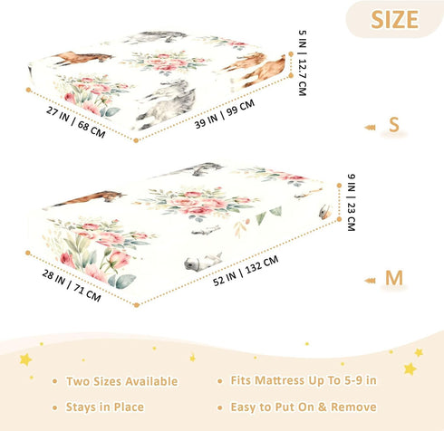 CZXW 52" 28" Watercolor Horses and Flowers Crib Sheets Fitted x Natural Cotton Soft & Breathable for Baby Crib Mattress