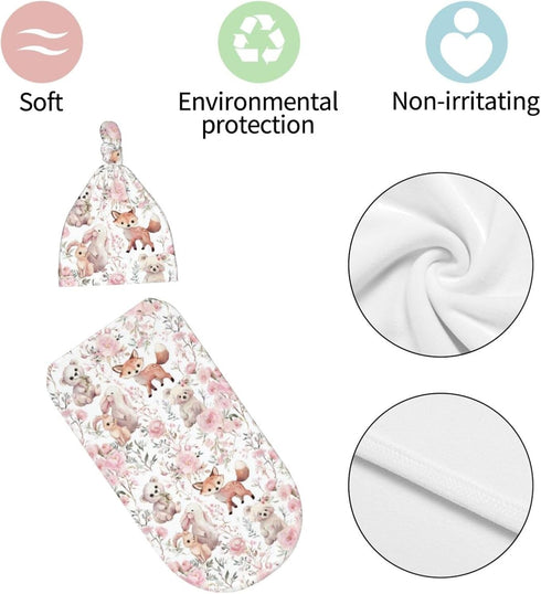 Nanyizly Set 0-6m Watercolor Cute Animals Newborns Beanie Swaddle Blanket Baby Receiving Blankets for Infant Boy Girl