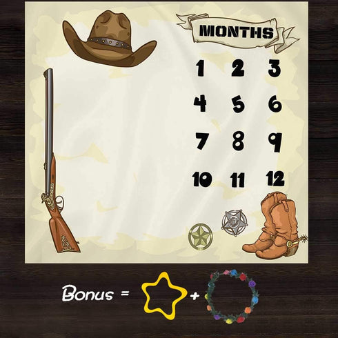 Cowboy Theme Baby Monthly Milestone Blanket, 48x40in Soft Flannel, Gun Boots Hats Nursery Blanket for Newborn