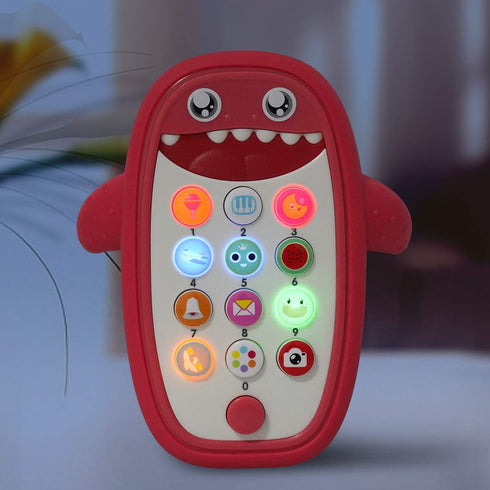 Baby Shark Cell Phone Toy with Removable Teether Case, Light, Music & Adjustable Volume for Kids 0-6 Months (Red)